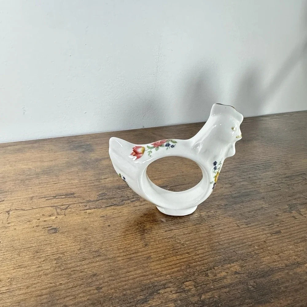 VTG Floral Porcelain Bunny, Pig, Chicken Napkin Rings Spring 8pc Staffordshire